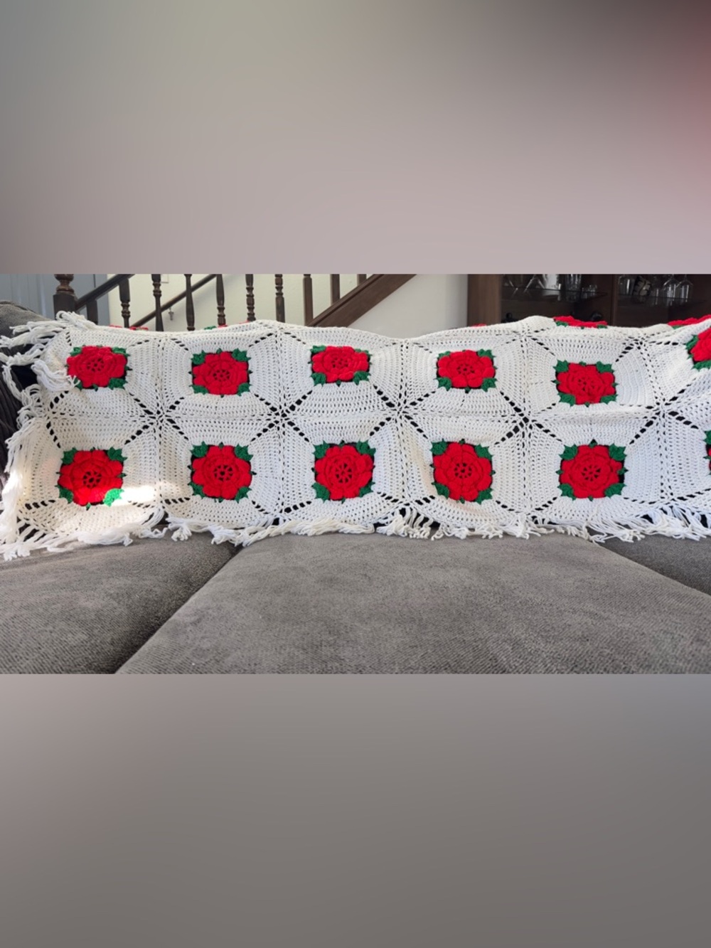 Vintage Handmade Crocheted Cream Fringe Blanket with Red Rose Appliqués - Picture 10 of 11